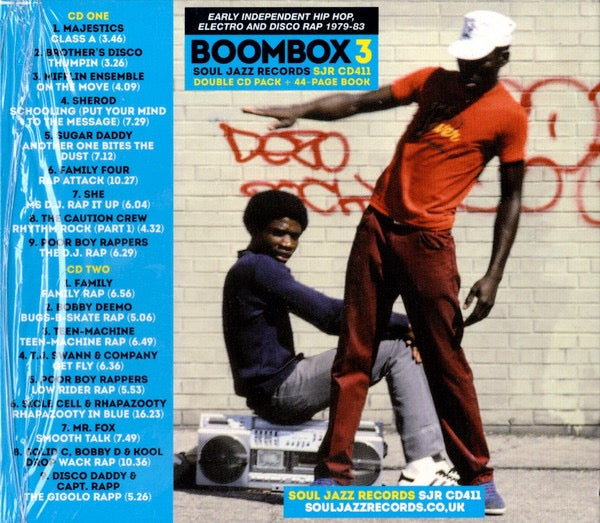 Image of Back Cover of 2xCD - VG+/VG+ - VARIOUS ARTISTS, Boombox 3 (Early Independent Hip Hop, Electro And Disco Rap 1979-83) (Soul Jazz; SJR CD411, UK 2018, Card Slipcase with Duoble CD Case inside, Booklet), Still In Opened Shrinkwrap With Hype Sticker,  - 2216500C