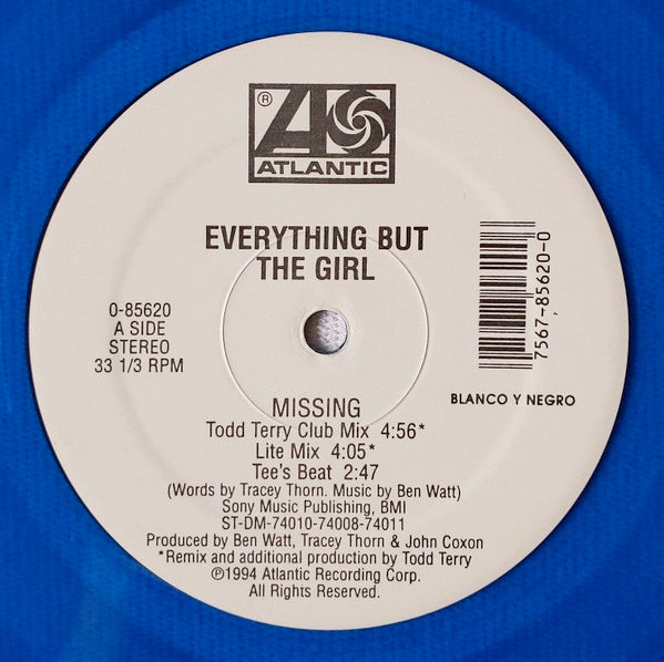 Image of Back Cover of 4714589S: 12" - EVERYTHING BUT THE GIRL, Missing (The Bootleg Mixes!) (Atlantic; 0-85620, Blanco Y Negro    0-85620, US 1994, Stickered Plain Sleeve, Blue Vinyl) Sleeve partly shrink-wrapped with worn opening and corners  G+/G