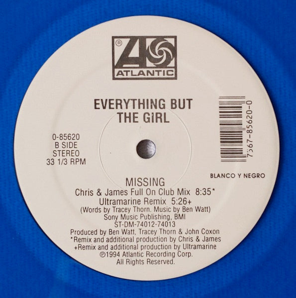 Image of Label Cover of 4714589S: 12" - EVERYTHING BUT THE GIRL, Missing (The Bootleg Mixes!) (Atlantic; 0-85620, Blanco Y Negro    0-85620, US 1994, Stickered Plain Sleeve, Blue Vinyl) Sleeve partly shrink-wrapped with worn opening and corners  G+/G