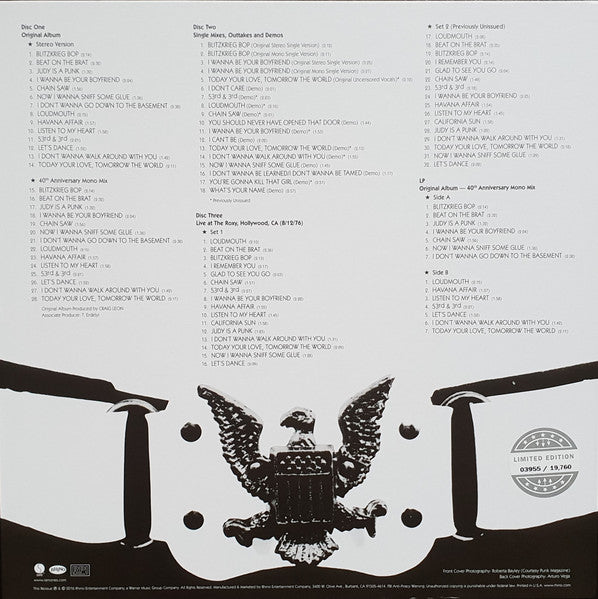 Image of Back Cover of 3524458E: 4xLP - RAMONES, Ramones - Ramones 40th Anniversary Deluxe Edition (Rhino Records; R2 555356, US 2016, Book Sleeve, Booklet, Numbered Limited Edition - LP + 3 CDs) Small Dent in Spine  VG/EX