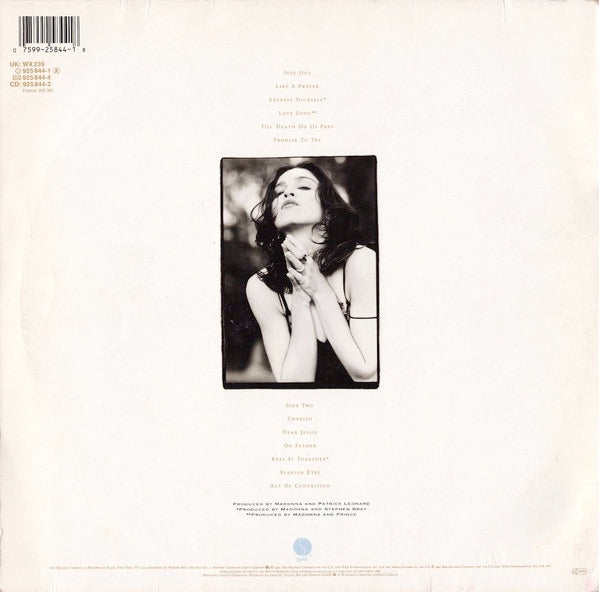 Image of Back Cover of LP - VG+/VG+ - MADONNA, Like A Prayer (Sire - Johnny Yuma Credit On Labels; 925 844-1, Europe 1989, Inner, No AIDS Insert, RSA Pressing), ,  - 1526123E