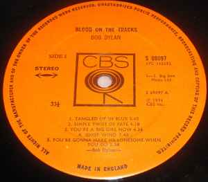 Image of Label Cover of 5044385S: LP - BOB DYLAN, Blood on the Tracks (CBS Smooth Orange ; 69097, UK 1975, Inner, Cat No At Bottom Left of Inner, Large Mural On Rear Sleeve) Strong VG, light hairlines on disc. Edge wear, creasing, large corner crease.  VG/VG