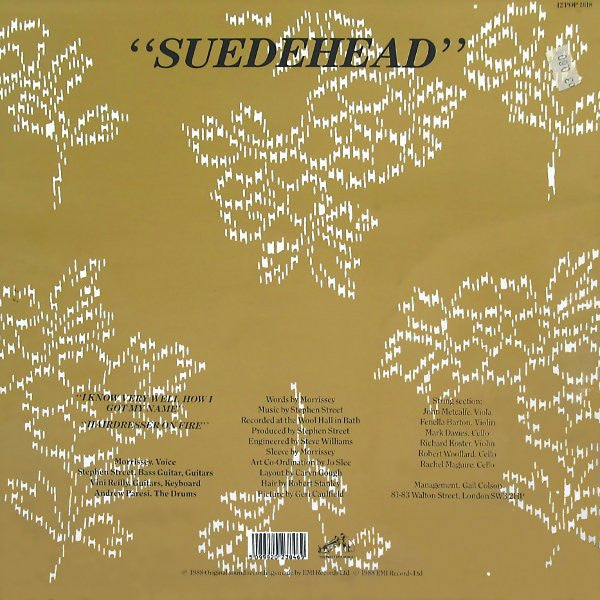 Image of Back Cover of 12" - VG+/VG - MORRISSEY, Suedehead (HMV; 12POP1618, UK 1988, Gold cover), ,  - 2526033E
