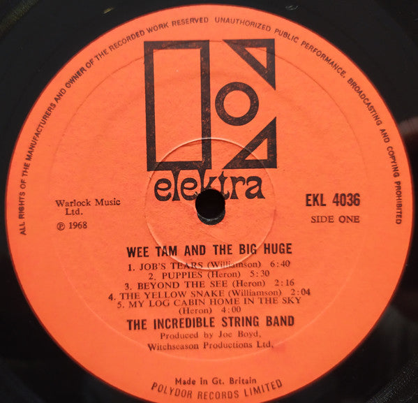 Image of Label Cover of 2124354E: 2xLP - THE INCREDIBLE STRING BAND, Wee Tam and the Big Huge (Elektra Orange & Black; EKL4036/37, UK 1968, Laminated Gatefold Sleeve, Insert, Mono) Discs are bordering VG but there is a mostly constant though small crackle. Insert has a couple of small creases and smalll stain. Sleeve has split spine, ringwear, creasing.  G+/G+