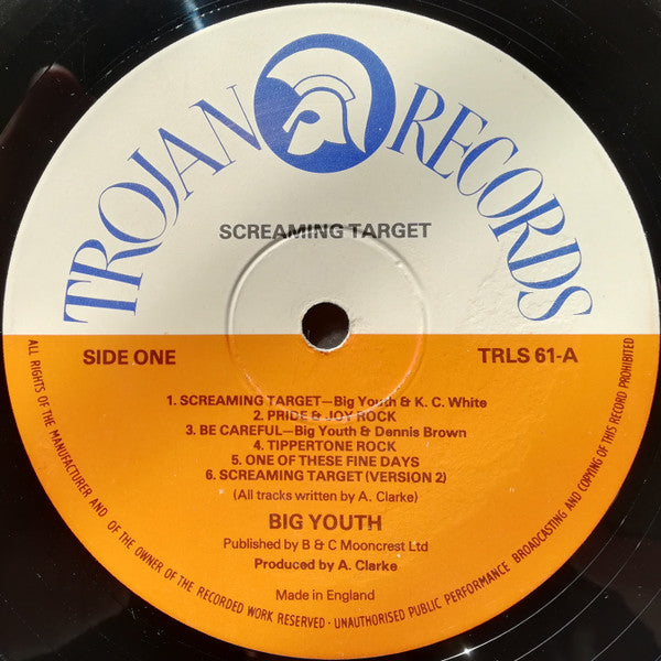 Image of Label Cover of 1614498C: LP - BIG YOUTH, Screaming Target (Trojan Records (Orange/White); TRLS61, UK 1973) Lots of marks and scuffs, plays above grade. Sleeve is partially split on spine, sticker removal damage on top and bottom seam, general wear.  VG/G