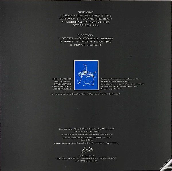 Image of Back Cover of 3024004E: LP - BUTCHER, DURRANT, LOVENS, MALFATTI, RUSSELL, News From The Shed (Acta; Acta 4, UK 1989, Picture Sleeve) Light Marks only.  VG/VG+