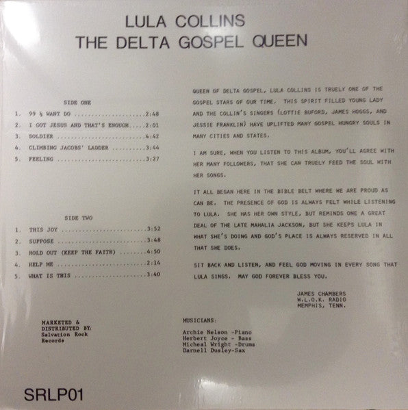 Image of Back Cover of 2553043S: LP - LULA COLLINS, The Delta Gospel Queen (HSE Records / Salvation Rock; SRLP01, UK 2019 Reissue, Picture Sleeve)   NEW/NEW