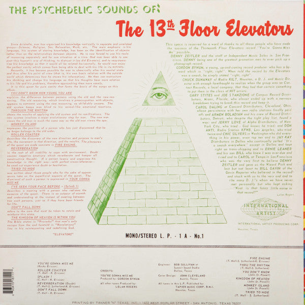 Image of Back Cover of 2xLP - VG/VG - THE 13TH FLOOR ELEVATORS, The Psychedelic Sounds Of The 13th Floor Elevators (Snapper Music; SNAX616LP, US 2013 Reissue, Gatefold, Mono & Stereo Mixes), Strong VG, Crease to rear sleeve, Lightest of hairlines to two sides, Sounds great,  - 4016518C
