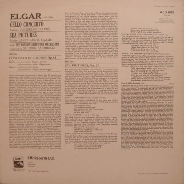 Image of Back Cover of LP - VG+/VG+ - JACQUELINE DU PRE, BARBIROLLI, LSO, Elgar: Cello Concerto (HMV Red - Large Semi-Circular Nipper Box; ASD 655, UK 1982 Reissue, Stereo), ,  - 3826087E