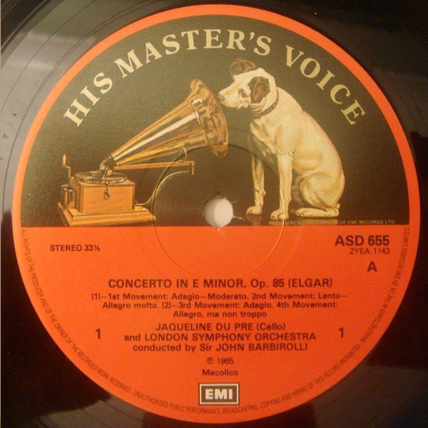 Image of Label Cover of LP - VG+/VG+ - JACQUELINE DU PRE, BARBIROLLI, LSO, Elgar: Cello Concerto (HMV Red - Large Semi-Circular Nipper Box; ASD 655, UK 1982 Reissue, Stereo), ,  - 3826087E