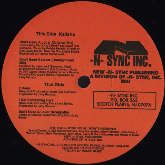 Image of Front Cover of 12" - /VG+ - KALISHA, Don't Need A Lover (-N-Sync Inc.; JS 529, US 1992, Plain Sleeve), ,  - 2846048S