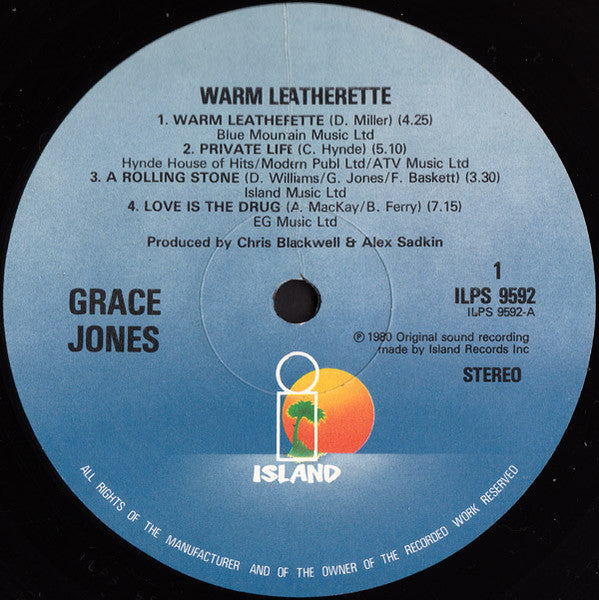 Image of Back Cover of LP - VG/VG - GRACE JONES, Warm Leatherette (Island Blue - Night and Day; ILPM 9592, UK 1980s Reissue, Blue Face Sleeve, Company Inner), Light marks only, strong VG. Sleeve has some mild age wear and creasing,  - 1126042E