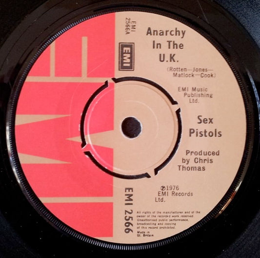 Image of Front Cover of 7" - G/VG+ - SEX PISTOLS, Anarchy In The U.K. / I Wanna Be Me (EMI; EMI 2566, UK 1976, Company Sleeve, Dave Goodman Credit on B-Side.), Light marks only. Company sleeve is completely split at 2 edges, tears fixed by tape, edge wear.,  - 3756159S