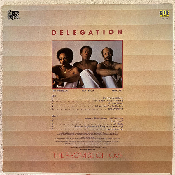 Image of Back Cover of LP - VG/VG - DELEGATION, The Promise Of Love (Shadybrook Records; SB-010, State Records (3)    SB 010, US 1977, Santa Maria Pressing), Edge and Ring Wear,  - 3046260S