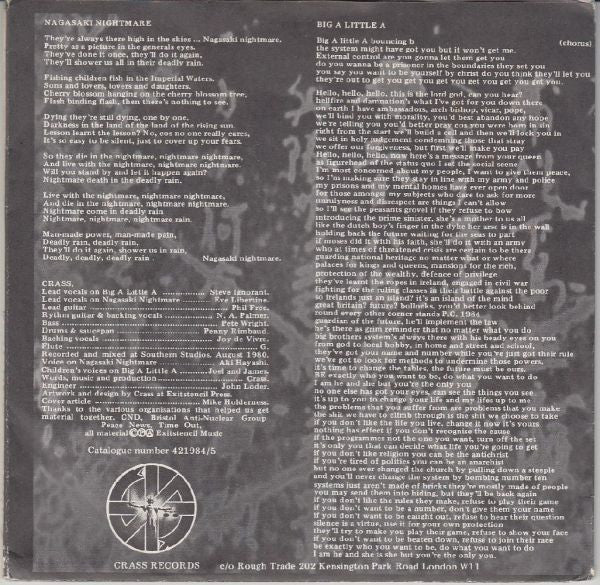 Image of Back Cover of 7" - VG/VG+ - CRASS, Nagasaki Nightmare / Big A Little A (Crass; 421984/5, UK 1980, Fold Out Sleeve, NO Anti War Patch, SLP in Matrix), Very small tear on fold-out.,  - 2056066S