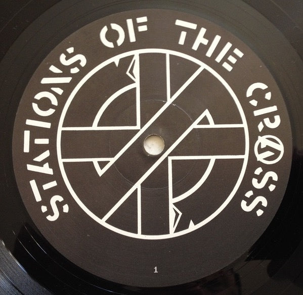 Image of Label Cover of 5014388C: LP - CRASS, Stations Of The Crass (Crass Records; 521984, UK 1979, Fold Out Sleeve, Side Specification Numbers Appear Closer to Rim of Labels on Sides 1 and 3) Light Marks only to discs, Glossy vinyl. Sleeve has no parts missing but has two large rips whereby one sixth of the foldout is hanging on. With careful handling the poster can be seen   F/VG