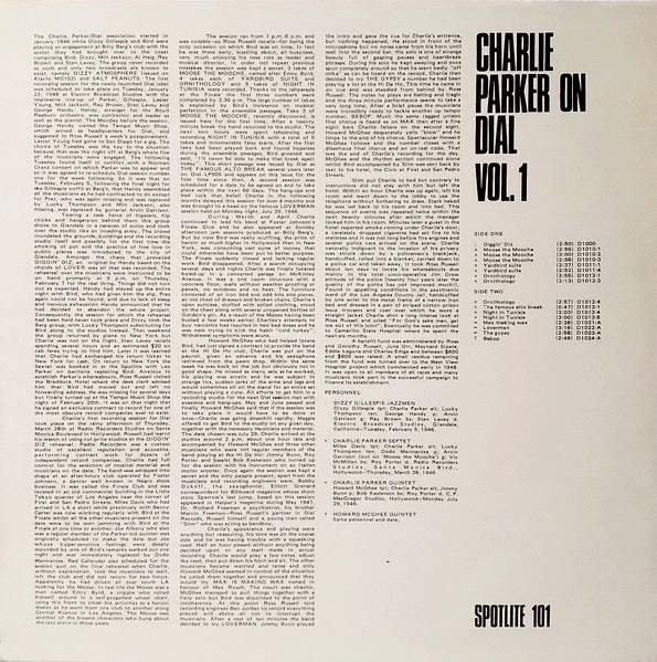 Image of Back Cover of LP - VG/VG - CHARLIE PARKER, Charlie Parker On Dial Volume 1 (Spotlite Records; 101, UK 1974 Reissue, Mono), ,  - 1816246C