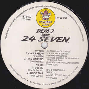 Image of Front Cover of 12" - /G+ - DEM 2, 24 Seven (New York Soundclash Records; NYSC 005, UK 1997), lots of fine marks both sides. one or two larger marks,  - 3646108S