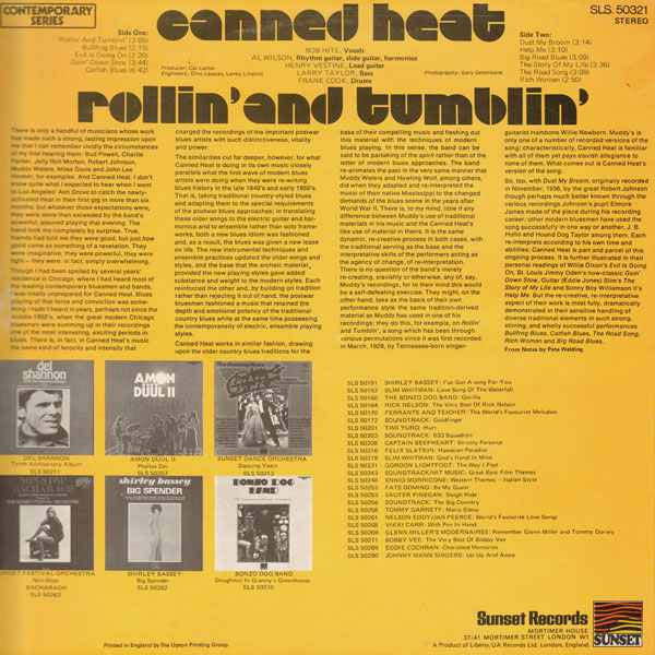 Image of Back Cover of LP - VG+/VG+ - CANNED HEAT, Rollin' And Tumblin' (Sunset Records; SLS 50321, UK 1972 Reissue, Laminated Front Sleeve), ,  - 1716361C