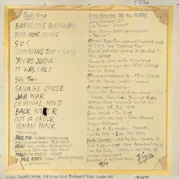Image of Back Cover of LP - VG/G+ - THE RUTS, The Crack (Virgin Custom Label; V 2132, UK 1979, Strawberry Mastering), ,  - 2726059E
