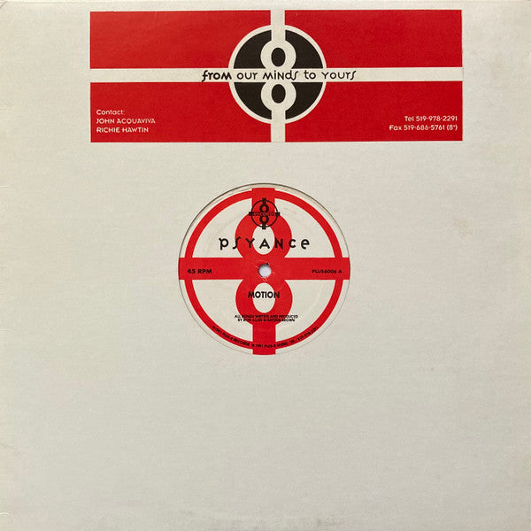 Image of Front Cover of 12" - VG/VG+ - PSYANCE, Motion (Plus 8 Records; PLUS8006, Canada 1991, Company Sleeve, Stickered Sleeve), original stickered sleeve. highlighter on labels. great copy!,  - 1746374S