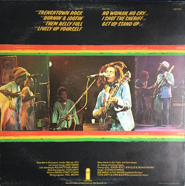Image of Back Cover of LP - VG+/EX - BOB MARLEY AND THE WAILERS, Live! (Island Records; ILPS 9376, UK 1975, Inner), ,  - 1316521C