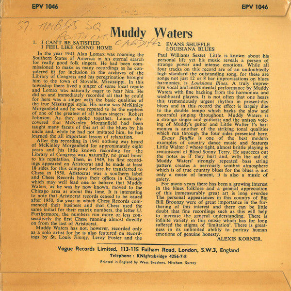 Image of Back Cover of 1124118E: 7" EP - MUDDY WATERS WITH LITTLE WALTER, Mississippi Blues (Vogue Tri Centre; EPV 1046, UK 1955, Laminated Flipback Sleeve) Missing Centre, Slight Water Damage To Sleeve  VG/G+