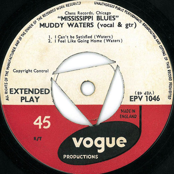 Image of Label Cover of 1124118E: 7" EP - MUDDY WATERS WITH LITTLE WALTER, Mississippi Blues (Vogue Tri Centre; EPV 1046, UK 1955, Laminated Flipback Sleeve) Missing Centre, Slight Water Damage To Sleeve  VG/G+