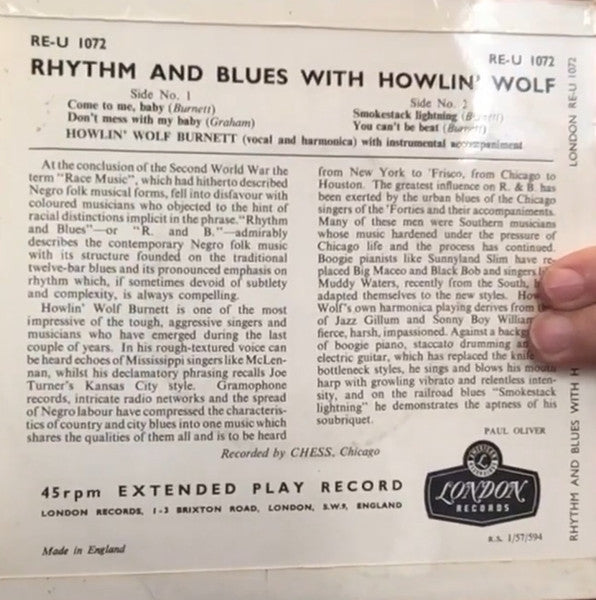 Image of Back Cover of 7" EP - G+/G+ - HOWLIN' WOLF, Rhythm And Blues With Howlin' Wolf (London Plum / Gold  Tri-Centre; RE-U 1072, UK 1956, Laminated Flipback Sleeve, Tri centre), Marks on disc. Plays above grade. Wear to sleeve - laminated part  has come apart at the front. Light creasing around edge of sleeve., A1 - Come To Me BabyA2 - Don't Mess With My BabyB1 - Smokestack LightningB2 - You Can't Be Beat - 2526097E