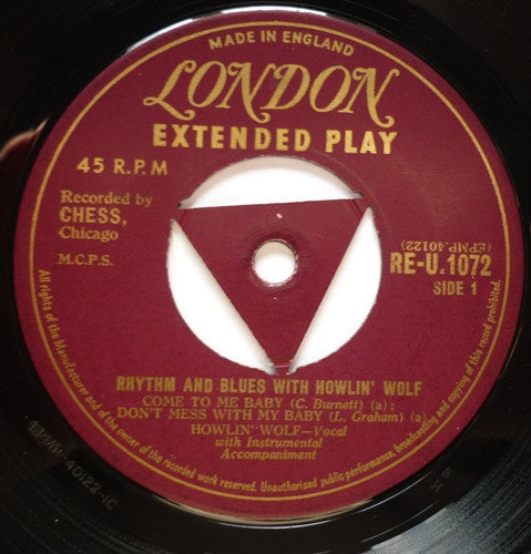 Image of Label Cover of 7" EP - G+/G+ - HOWLIN' WOLF, Rhythm And Blues With Howlin' Wolf (London Plum / Gold  Tri-Centre; RE-U 1072, UK 1956, Laminated Flipback Sleeve, Tri centre), Marks on disc. Plays above grade. Wear to sleeve - laminated part  has come apart at the front. Light creasing around edge of sleeve., A1 - Come To Me BabyA2 - Don't Mess With My BabyB1 - Smokestack LightningB2 - You Can't Be Beat - 2526097E