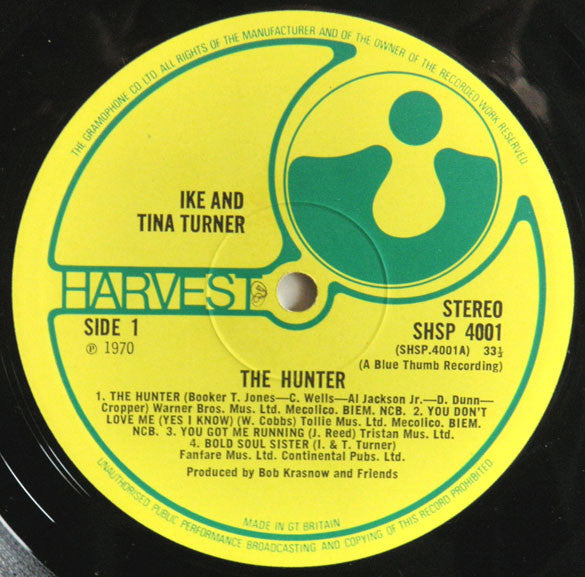 Image of Label Cover of LP - VG/VG - IKE & TINA TURNER, The Hunter (Harvest; SHSP 4001, Harvest    1E 062   91260, UK 1970, Laminated Sleeve, Inner), Light marks. Strong VG. Light wear to sleeve with ringwear. Light pencil writing on inner.,  - 3546322S