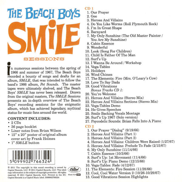 Image of Back Cover of 2xCD - VG+/VG+ - THE BEACH BOYS, The Smile Sessions (Capitol Records; 5099902766324, Europe 2011, Box Set, 2 Inners & Booket, Poster, Badge, HDCD), ,  - 2316248C