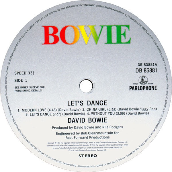 Image of Label Cover of LP - VG+/VG+ - DAVID BOWIE, Let's Dance (Parlophone; DB83881, Worldwide 2019 Reissue, Inner With Curved Corners, 180 Gram Vinyl), ,  - 4446234S