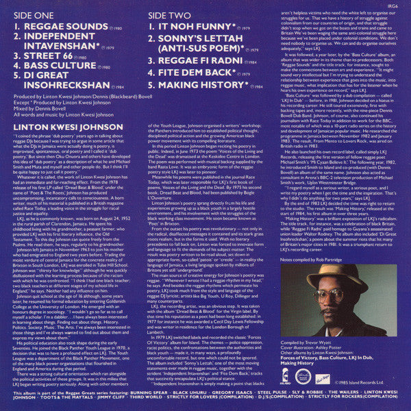 Image of Back Cover of LP - VG/G+ - LINTON KWESI JOHNSON, Reggae Greats (Island Records; IRG6, UK 1985), ,  - 3216349C