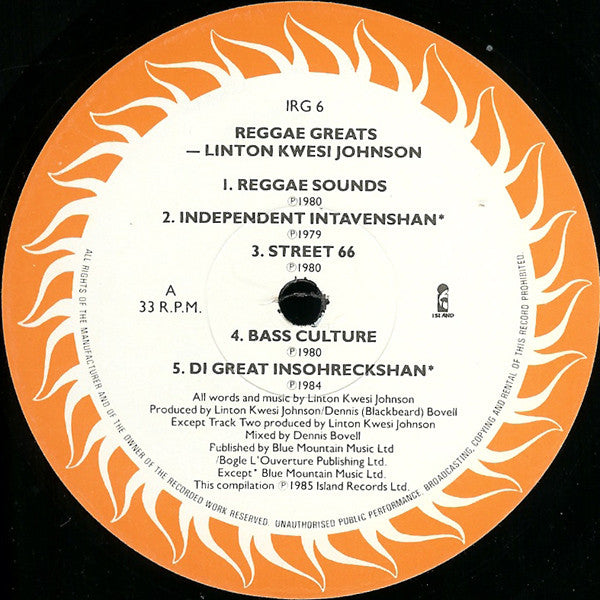 Image of Label Cover of LP - VG/G+ - LINTON KWESI JOHNSON, Reggae Greats (Island Records; IRG6, UK 1985), ,  - 3216349C
