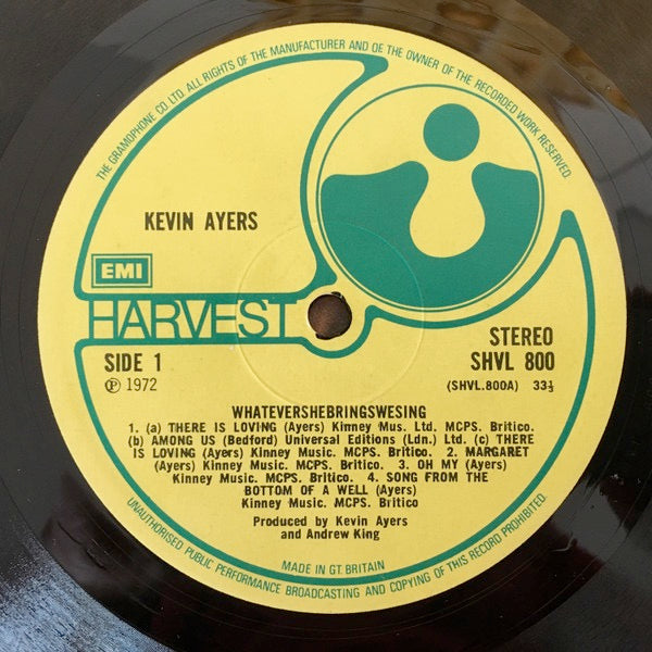 Image of Label Cover of LP - VG/G - KEVIN AYERS, Whatevershebringswesing (Harvest EMI Box Both Sides, Gramophone Co. Rim Text; SHVL 800, UK 1972, Textured Gatefold Sleeve), Lots and lots of light marks, plays well though with background noise here and there. Sleeve is showing its age a bit, fading down spine, initials in biro on one label and inside gatefold.,  - 3016222C