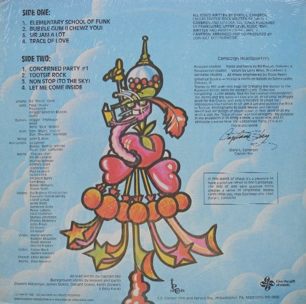 Image of Back Cover of 4813437C: LP - CAPTAIN SKY, Concerned Party #1 (TEC; TEC1202, US 1980, Gatefold, Company Inner) Edge wear on sleeve. Writing on label  VG/VG