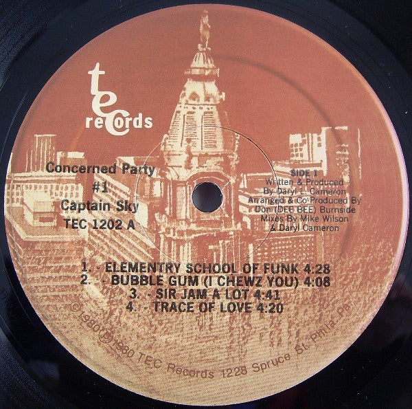 Image of Label Cover of 4813437C: LP - CAPTAIN SKY, Concerned Party #1 (TEC; TEC1202, US 1980, Gatefold, Company Inner) Edge wear on sleeve. Writing on label  VG/VG