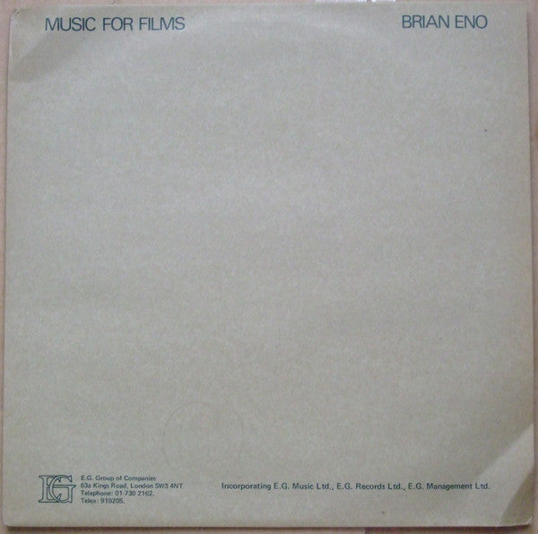Image of Front Cover of LP - VG/VG - BRIAN ENO, Music For Films (EG; EGM 1, UK 1976, Promo, Company Inner, Ltd to 500), Strong VG - a few hairlines. edge creases on spine, 2 long corner creases, Originally released as a limited-edition (five hundred copies) LP in 1976 which was sent to a selection of filmmakers for possible inclusion in their work. - 4346006S