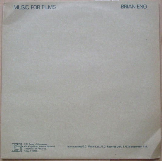 Image of Front Cover of LP - VG/VG - BRIAN ENO, Music For Films (EG; EGM 1, UK 1976, Promo, Company Inner, Ltd to 500), Strong VG - a few hairlines. edge creases on spine, 2 long corner creases, Originally released as a limited-edition (five hundred copies) LP in 1976 which was sent to a selection of filmmakers for possible inclusion in their work. - 4346006S