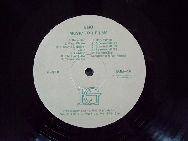 Image of Label Cover of LP - VG/VG - BRIAN ENO, Music For Films (EG; EGM 1, UK 1976, Promo, Company Inner, Ltd to 500), Strong VG - a few hairlines. edge creases on spine, 2 long corner creases, Originally released as a limited-edition (five hundred copies) LP in 1976 which was sent to a selection of filmmakers for possible inclusion in their work. - 4346006S