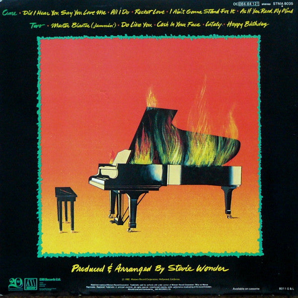 Image of Back Cover of LP - G+/VG+ - STEVIE WONDER, Hotter Than July (Motown; STMA 8035, UK 1980, Gatefold, Inner), Edge wear and spine scuffs. Small seam split on inner. Very minor wear to disc.,  - 4246107S