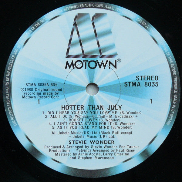 Image of Label Cover of 4614332C: LP - STEVIE WONDER, Hotter Than July (Motown; STMA 8035, UK 1980, Gatefold, Inner) Light Marks only.  VG/VG