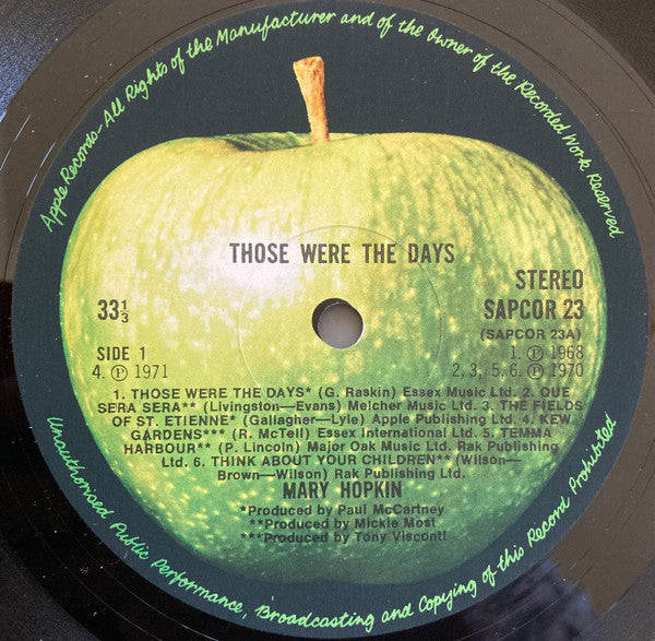 Image of Label Cover of 3345177S: LP - MARY HOPKIN, Those Were the Days (Apple; SAPCOR23, UK 1972) Edge wear and sticker residue.  VG/VG+