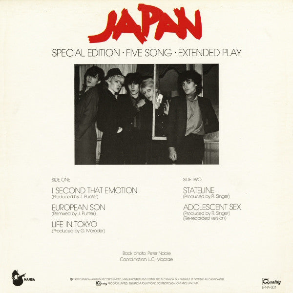 Image of Back Cover of 12" EP - VG/VG - JAPAN, Special Edition - Five Song - Extended Play (Hansa; EPHA 001, Canada 1980, Picture Sleeve), Light marks, edge & ring wear, sticker remnants,  - 3946019S