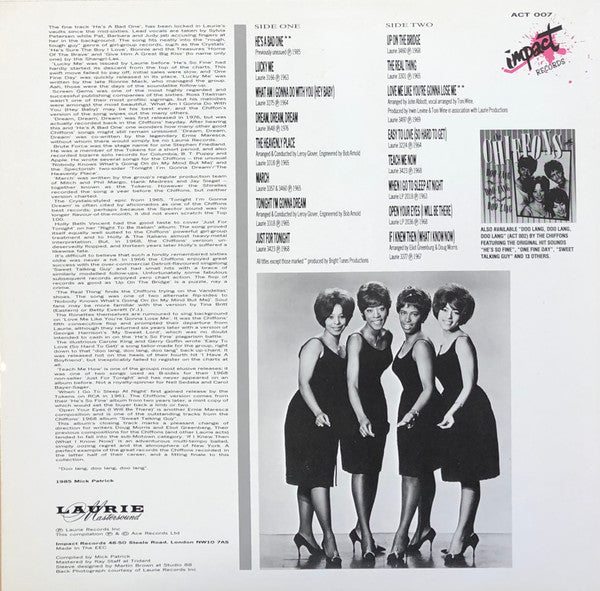 Image of Back Cover of 4925363E: LP - CHIFFONS, Flips, Flops & Rarities (Impact; ACT007, UK 1985)   VG+/VG+