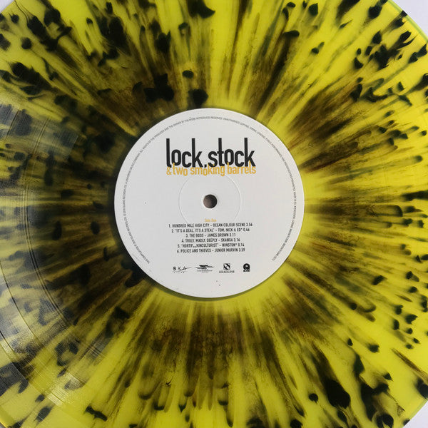 Image of Label Cover of 2xLP - VG/EX - VARIOUS, Lock, Stock & Two Smoking Barrels (Soundtrack From The Motion Picture) (Island Records; 0602567513568, UK 2018 Reissue, Yellow & Black Splatter Vinyl), Just a light indent to front of sleeve and slightly bumped corners. ,  - 0816465C