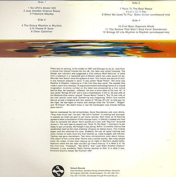 Image of Back Cover of 2xLP - VG/G+ - VARIOUS, Retro Techno / Detroit Definitive - Emotions Electric (Network Records; RETRO LP1, UK 1991, 2 Inners), Lots of light marks on each side. Some slight edge wear to the sleeve and discolouring from storage.,  - 2346210S