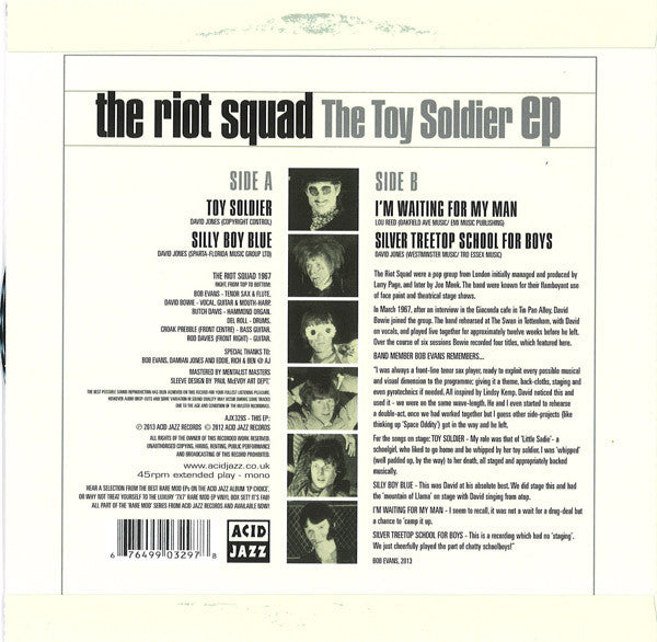 Image of Back Cover of 3524543E: 7" EP - THE RIOT SQUAD, The Toy Soldier EP (Acid Jazz; AJX329S, UK 2013, Flipback Sleeve, Rare Early Bowie Tracks)   EX/EX