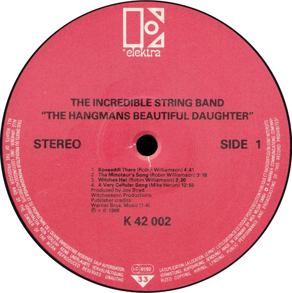 Image of Label Cover of 2714134C: LP - THE INCREDIBLE STRING BAND, The Hangman's Beautiful Daughter (Elektra Red; K42002, UK 1976 Reissue) Pressing fault which bumps for a few rotations.  VG+/VG